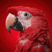 Close up portrait of a scarlet macaw against a red background photo