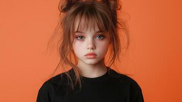 Portrait of a girl with freckles and pigtails photo