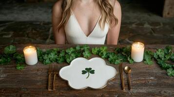 Romantic St Patricks Day table setting with candles and shamrock photo