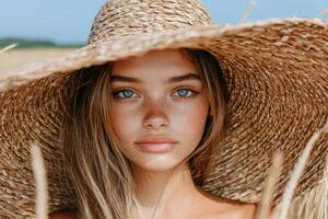 Close up portrait of a young woman with freckles, wearing a large straw hat in a field photo