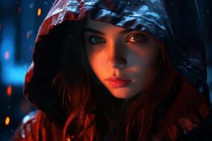 Mysterious woman in hooded red jacket looking intensely into the camera photo