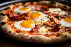Delicious breakfast pizza with eggs, bacon, and tomato sauce photo