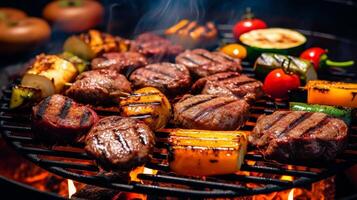 Sizzling barbecue grill with juicy steaks and grilled vegetables photo