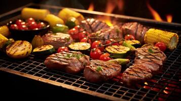 Grilled meat and vegetables on a barbecue grill photo