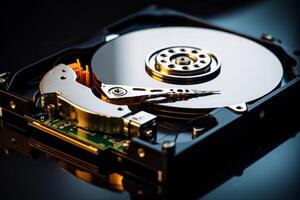 Closeup of a hard disk drive with intricate mechanical components photo