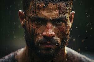 Intense close up portrait of a rugged, bearded man with a determined expression photo