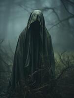 Mysterious hooded figure in dark forest photo