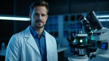 Scientist Examining Microscope in Laboratory photo