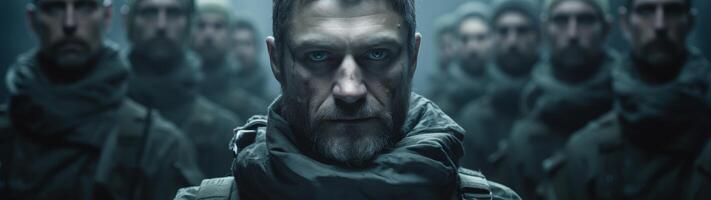 Rugged military man with intense gaze photo