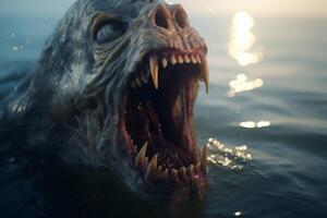 Terrifying sea monster with sharp teeth emerging from the ocean photo