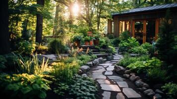 Serene woodland garden path with stone steps and lush foliage photo