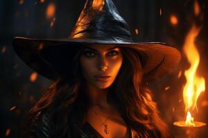 Mysterious witch with fiery eyes and dark powers photo