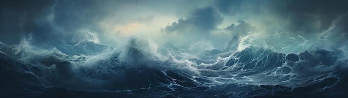 Dramatic stormy ocean waves crashing against rocky cliffs photo