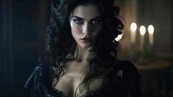 Mysterious and alluring woman in dark setting photo