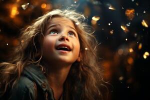 Enchanted girl looking up at sparkling lights photo