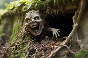 Creepy moss covered skull in forest photo