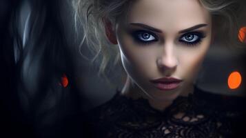 Dramatic portrait of a woman with intense gaze photo