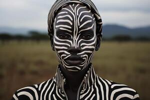 Striking face painted in black and white zebra like pattern photo