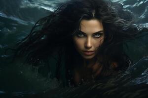 Mysterious woman with dark hair in the water photo
