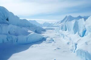 Frozen landscape with ice formations and mountains photo