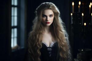 Alluring woman with long wavy hair in dark setting photo