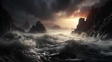 Dramatic stormy seascape with rugged cliffs photo