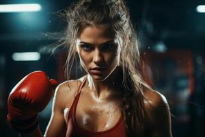 Determined female boxer with intense expression photo