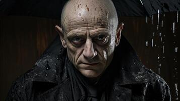 Intense and weathered face of a mysterious character photo