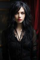 Mysterious woman with dark hair and red lips photo