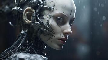 Futuristic cyborg face with mechanical implants photo