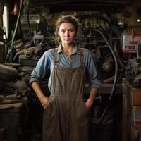 young female mechanic in a garage workshop photo