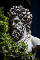 Ornate marble statue of a bearded man surrounded by greenery photo