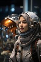 female astronaut in spacesuit exploring space photo