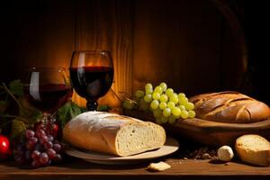 Rustic still life with red wine, bread, and grapes photo