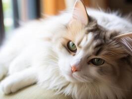 Closeup of a fluffy white cat with green eyes photo