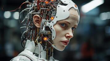 Futuristic cyborg with robotic face and glowing circuits photo