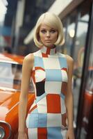Retro styled woman in geometric patterned dress photo