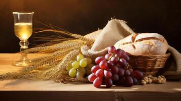 Bread, grapes, and wheat on wooden table with glass of wine photo