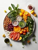 Assortment of fresh fruits, vegetables, and nuts on a white background photo