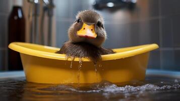Adorable duckling taking a bath in a yellow tub photo