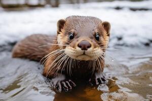 Curious otter swimming in water photo