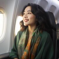 woman smiling in airplane window seat photo