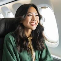 Smiling asian woman in airplane window photo