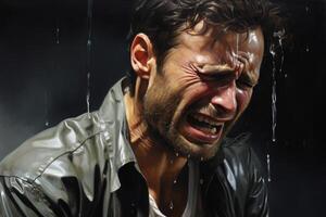Intense emotional expression of a man in the rain photo