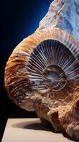 Intricate spiral shell fossil on dark background photo