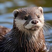 Closeup of a wet otter with whiskers and expressive eyes photo