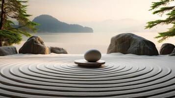 serene zen garden landscape with rippling water and rocks photo
