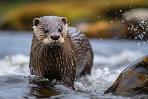 Wet otter in river with splashing water photo