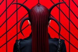 Mysterious dark figure with horns against a red background photo