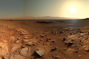 Vast desert landscape on mars with mountains in the distance photo